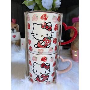 Set of 2 HELLO KITTY MUGS PINK & RED Strawberry EXTRA LARGE CUPS Heart Handles